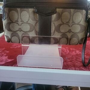 Coach Signature Brown and Tan Wristlet Large Double Zip